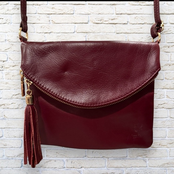Vera Pelle Soft Leather Crossbody with Tassel Burgundy - Borse in Pelle handbag - Picture 3 of 9